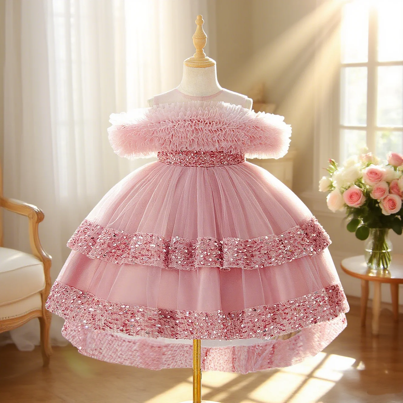 

Элегантное пышное бальное платье для девочек с блестящими пайетками и круглым вырезом, идеально подходящее для дня рождения и свадебного праздничного платья