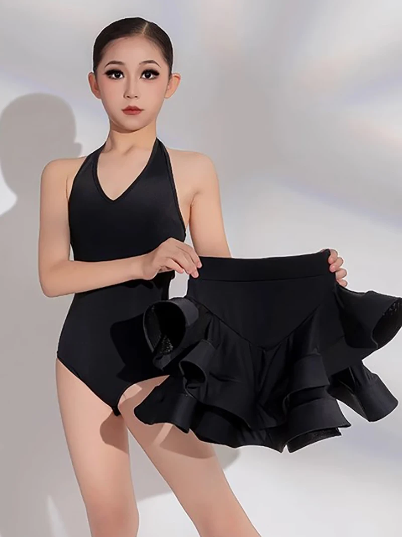 키즈 소녀 볼룸 전문 의상 어린이 등이없는 점프 슈트와 더블 레이어 피쉬본 스커트 현대 무용 의류