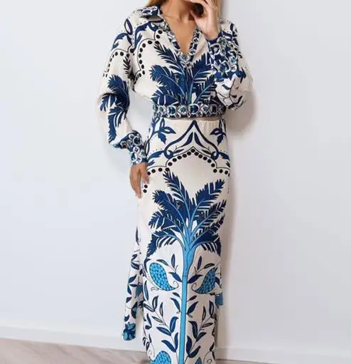 طقم فستان ماكسي نسائي جديد برقبة على شكل حرف V وأكمام طويلة، زي أنيق للحفلات نصف تنورة غير منتظمة