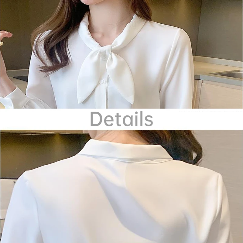 Fashion Bow Collar Long Sleeve Shirts Women Solid Ins Vintage Classic Formal Business Chiffon Workwear Mujer Blusas New Arrival