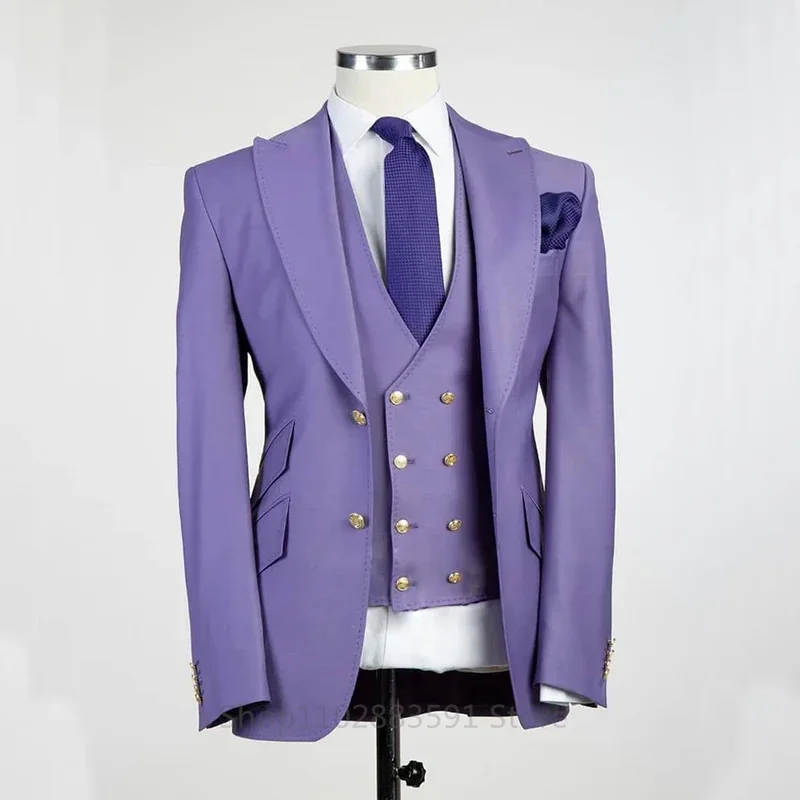 3PCS (Blazer+Vest+Pant) Jacket Sets Peak Lapel Purple Men Suit Double Breasted Vest Tuxedos for Wedding Groomsmen Suits Men