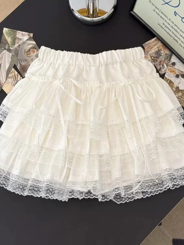 

Ballet Style White Lace Splicing Cake Skirt Women Summer High Waist Puffy Short Skirt Design Sense Small Half Skirt