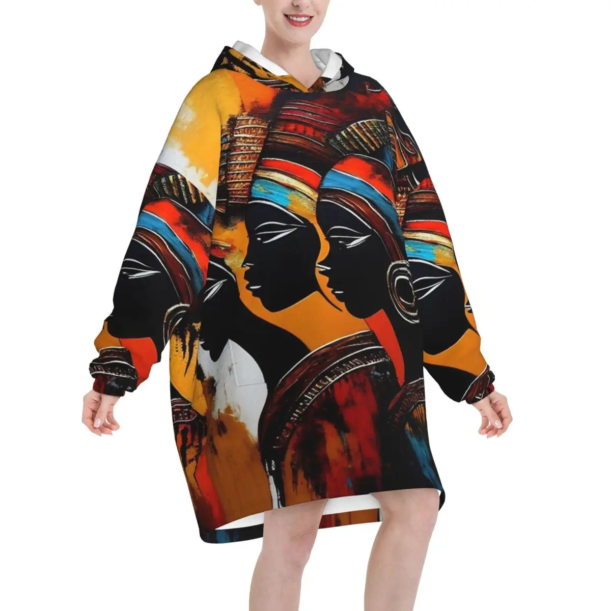 ART African Ethnic-Style Oversized Blanket Hoodie Sweatshirt Long Fleece Hooded Wearable Blanket with Large Pocket for Women Men