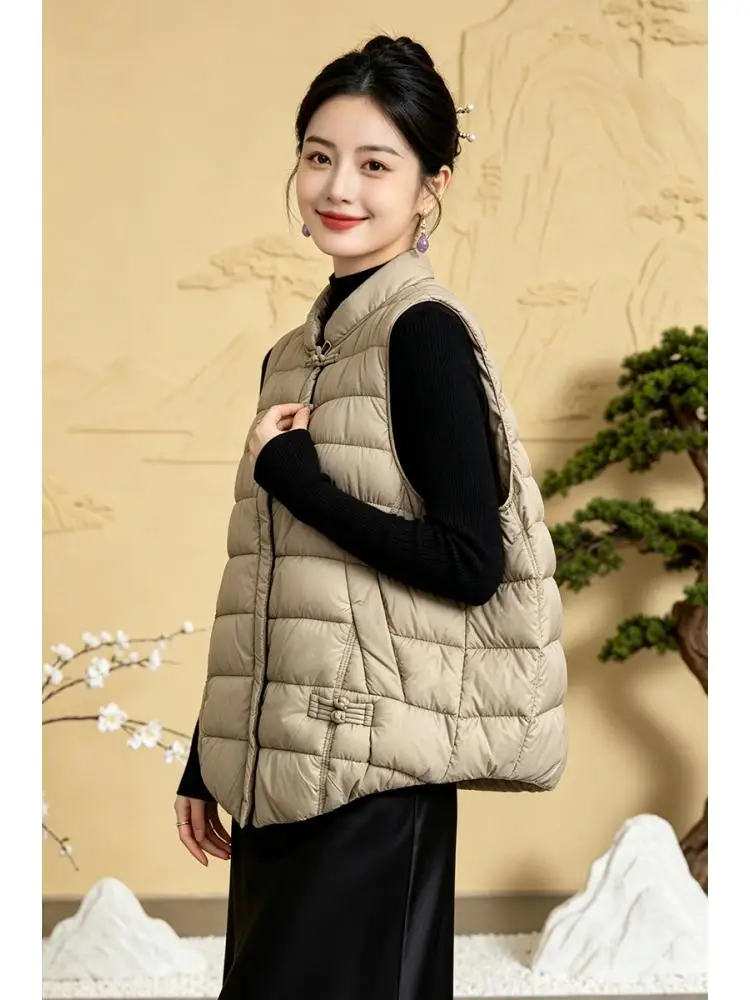 Women's Chinese style Warm Vest Lightweight Cotton Autumn Winter Outerwear Pure Color buckle vest coat - view 3