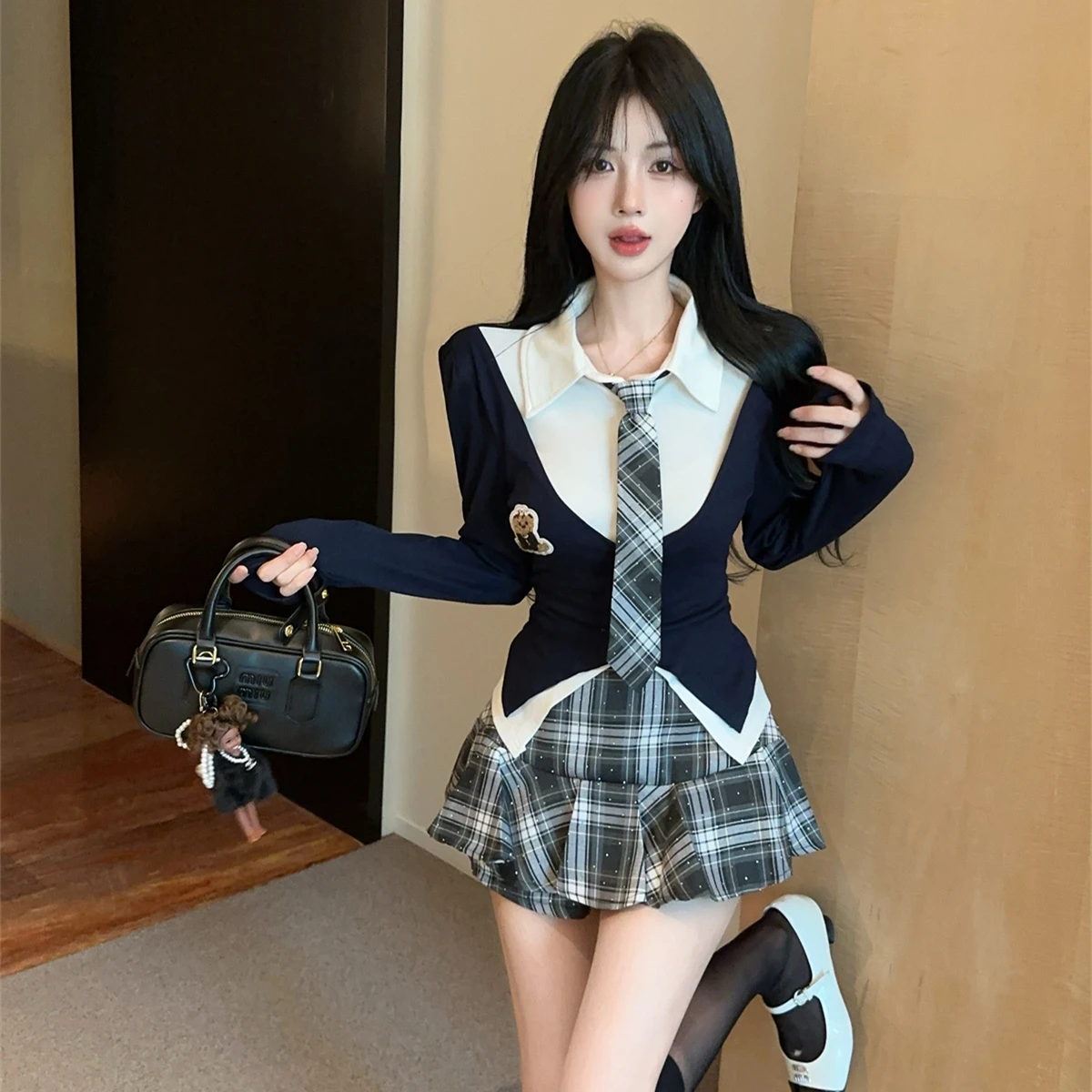 Spicy School orm JK Outfit Gonna a vita alta con cravatta lunga Sve irt Autumn Faion Set per giovani donne