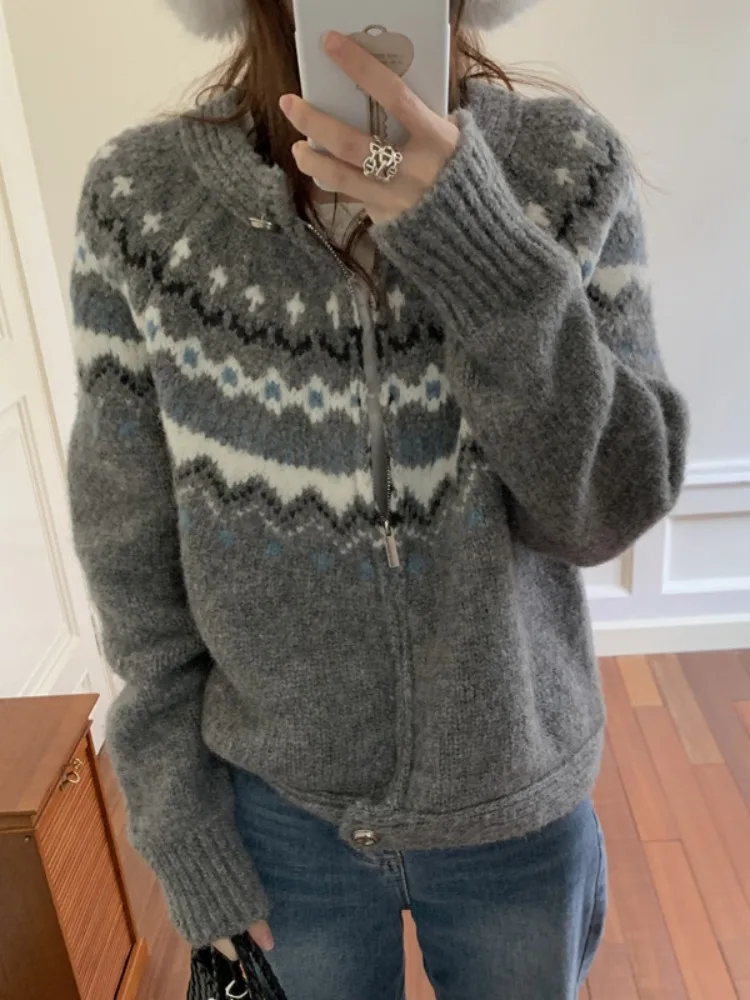 

Теплый вязаный свитер Thened Fair Isle, джет с лоскутной вышивкой, нежный уютный кардиган, верхняя одежда для женщин