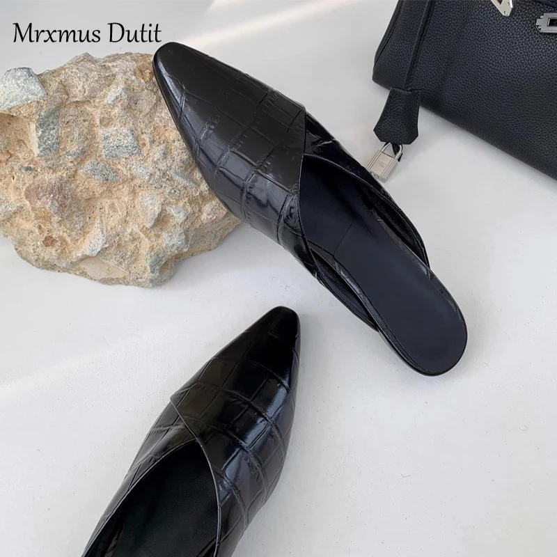 Mrxmus Dutit 2023 Women Fashion Genuine Leather Moroccan Style Pointed Head Slippers Flat Casual Versatile Shoes Female Chic