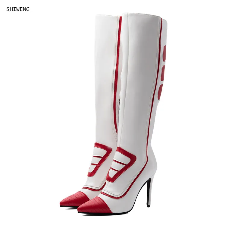 Women White Red Contrast Racing Stripes Knee High Boots Pointed Toe Side Zipper Stiletto Heel Streetwear Motor Club Dress Boots