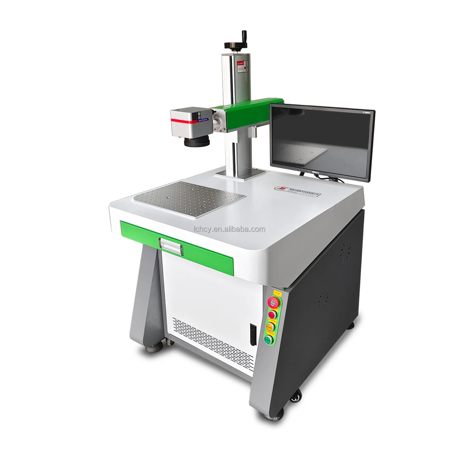 For 50W Table Type Raycus Fiber Laser Engraver Cutter Z Axis With 300*300mm Lens Double Red Dots SG7110 Galvo Head 80D Rotatory