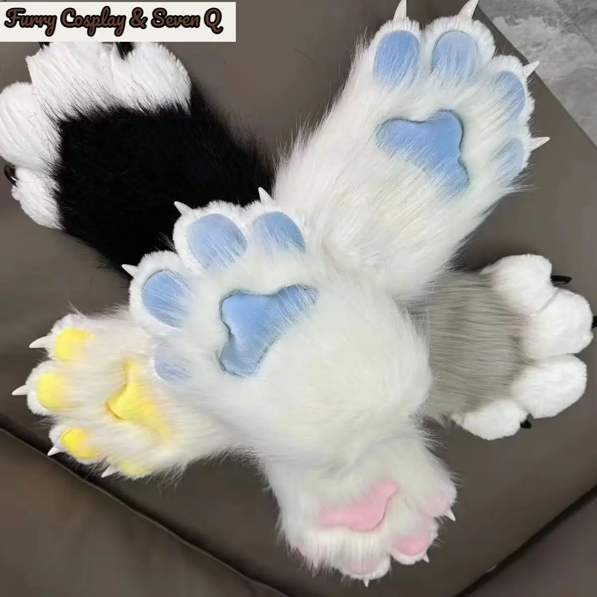 Furry Cosplay& Seven Q Furry Paw Gloves, Animal Cosplay Claws with Nails, Cute Plush Cat Paw Gloves for Costume Party