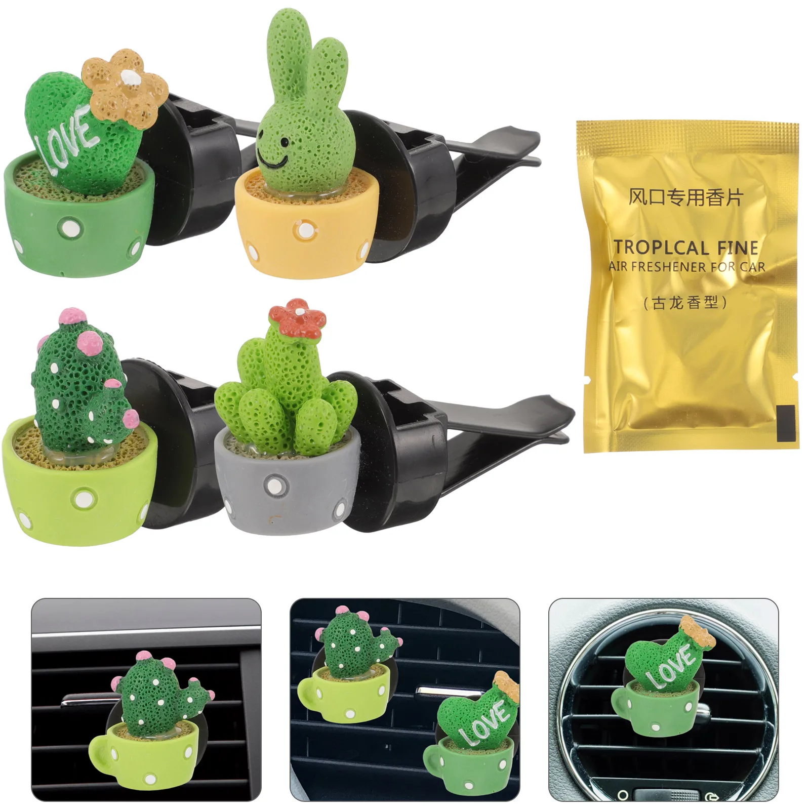 

4 Pcs Cactus Car Perfume Clips Freshener Holder Resin Fragrance Accessories Cute Decorations for Vehicle Bedroom