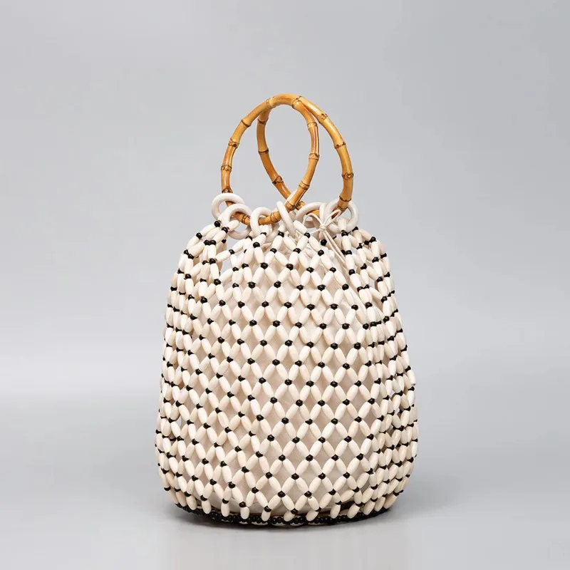 

Brand Bamboo Handle Tote Bag Wooden Beads Hollow Design Fashion Large Capacity Seaside Holiday High Quality Shopping Bucket Bag
