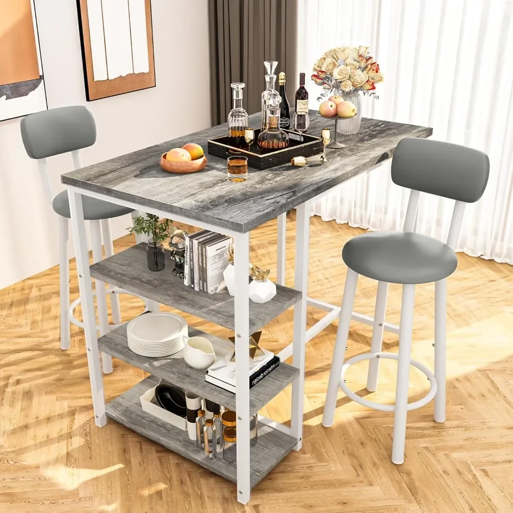 

Dining Table Set for 2, Counter Height Pub Table with 2 PU Leather Widen Backrest Bar Stools & 3 Storage Shelves,