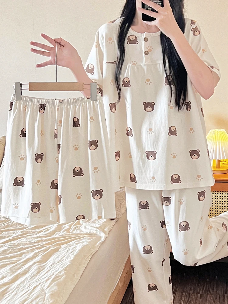 Letni komplet odzieży domowej z czystej bawełny dla kobiet, długie spodnie, słodki styl studencki, z kapturem, wygodny i oddychający.