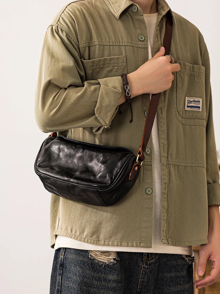 PNDME Fashion designers handmade genuine leather men's shoulder bag outdoor travel luxury cow leather black saddle crossbody bag