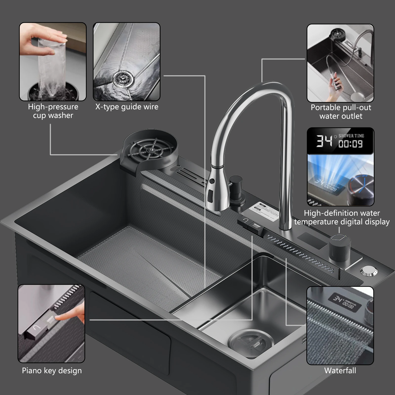 Edelstahl-Wasserfall-Küchenspüle mit großem Einzelbecken und integriertem Digital-Display-Wasserhahn-Set für Geschirr, Obst und Gemüse – Detail 9