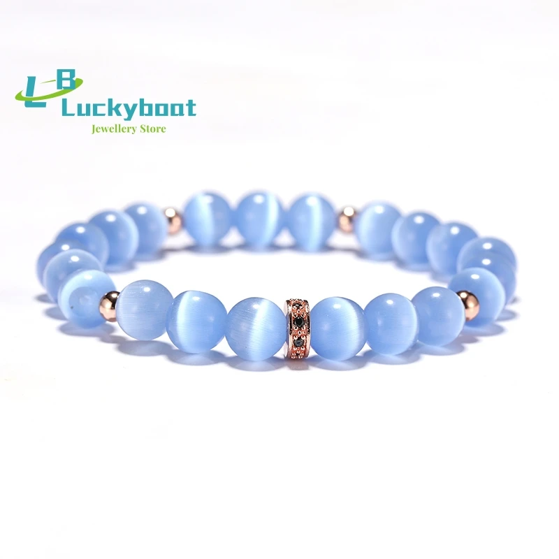 100% Real Cat Eyes Stone Bracelet Women Luxury Zirconia Beaded Braslet Charm Blue Opal Braclet Femme Jewelry Accessories Joyas