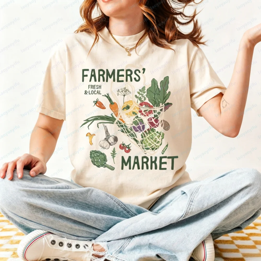Tomato Girl Summer Shirt Farmers Market Tee Casual Cotton Short Sleeve Round Neck T-shirts Streetwear Unisex Women Clothing Tops