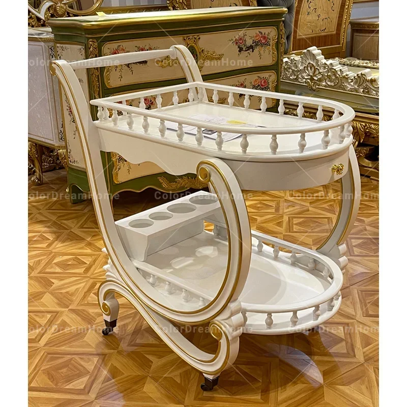 2026 French luxury white hand carts & trolleys wood bar carts for home