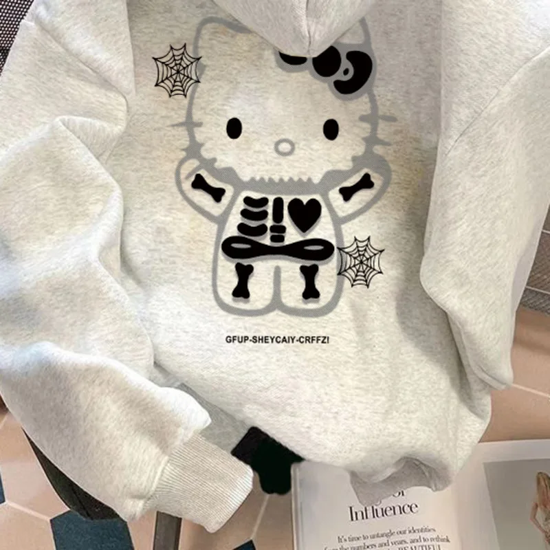 American Style Halloween Skeleton Hello Kitty Hooded Sweatshirt for Women & Men, Autumn and Winter Loose Couple Hoodies Clothes