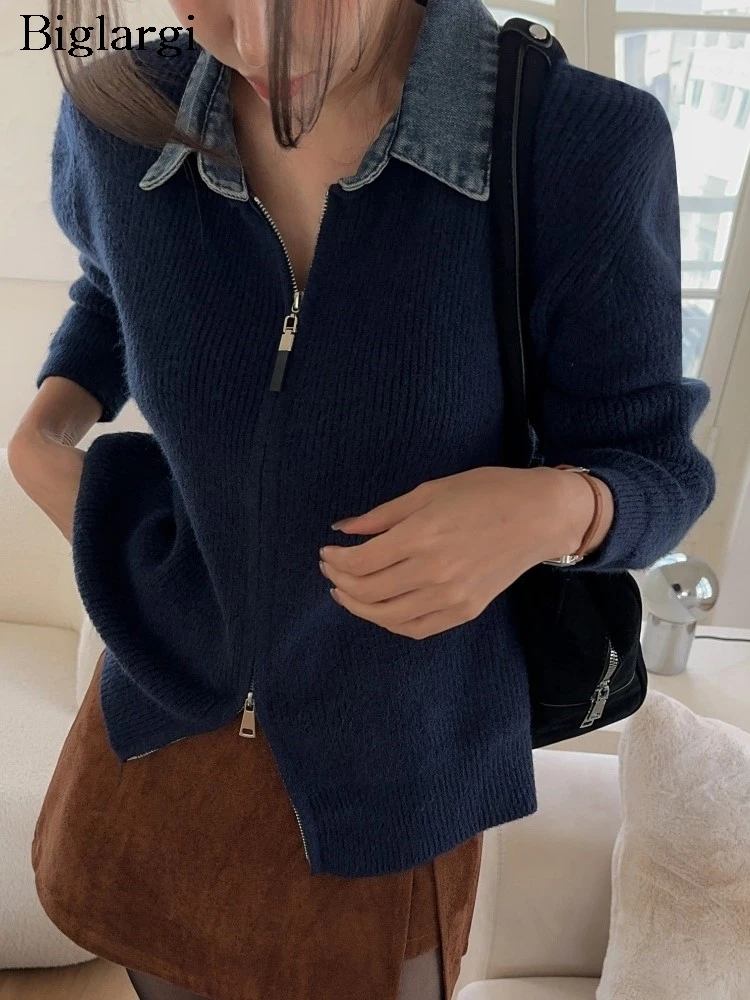 

Джинсовый лоскутный вязаный кардиган, пальто, женский осенне-зимний корейский свитер с длинными рукавами Laides, кардиганы Modis, женский вязаный кардиган