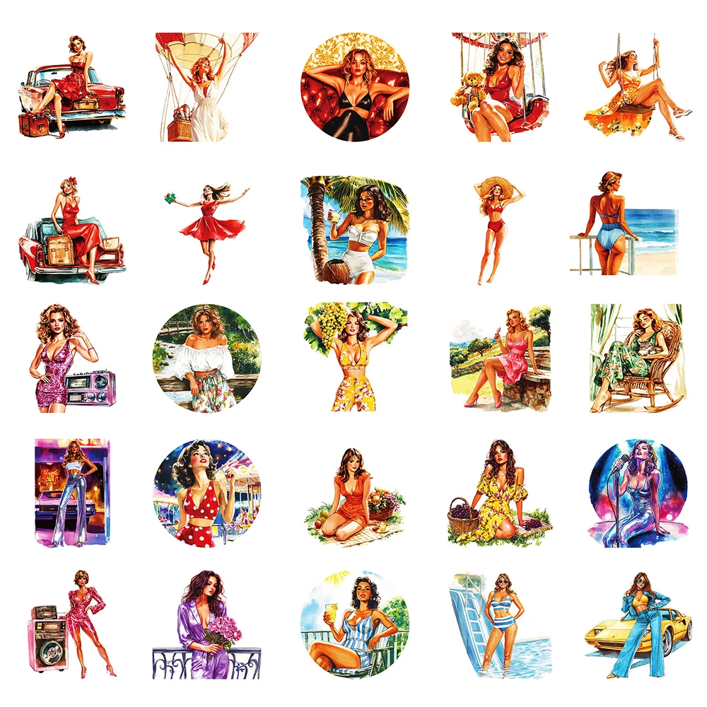 10/30/50pcs Vintage Summer Sexy Girl Stickers Retro Pin Up Girls Adult Sticker Motorcycle Luggage Laptop Phone Decals Decoration