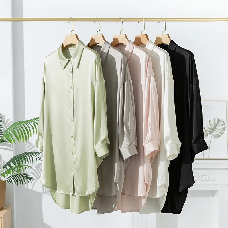 

Elongated 19mm Mulberry Silk Pajamas Women's Spring and Autumn Long Sleeves Loose Shirt Loungewear Solid Color Pyjamas Women