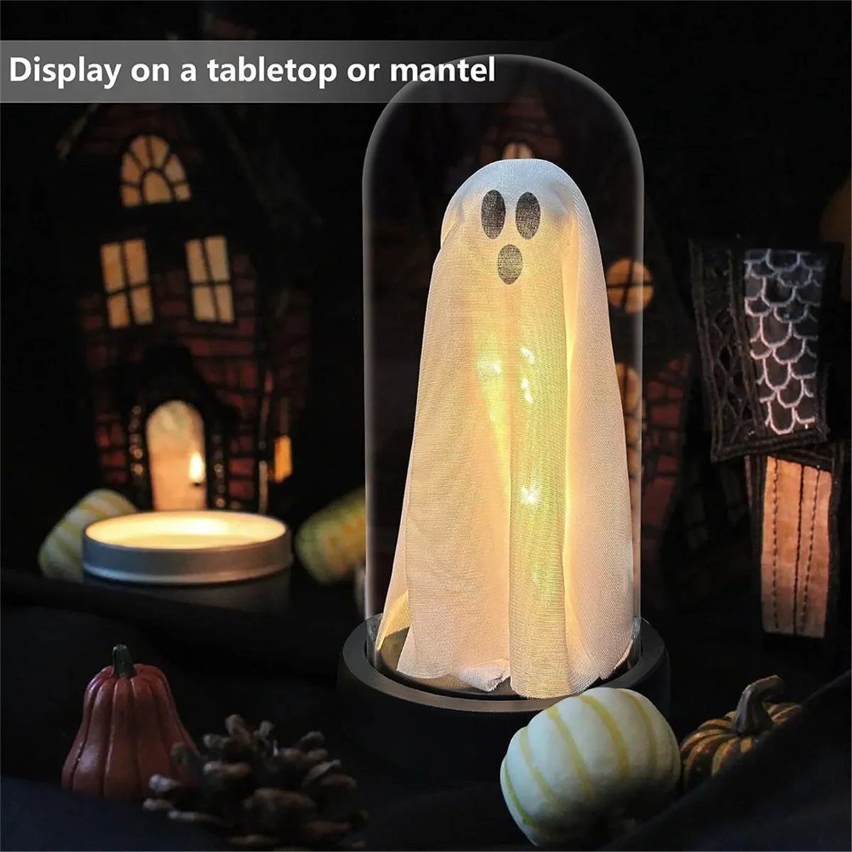 Halloween Light Up Ghost com vidro Cloche, fantasma bonito com luz para decorações de lareira