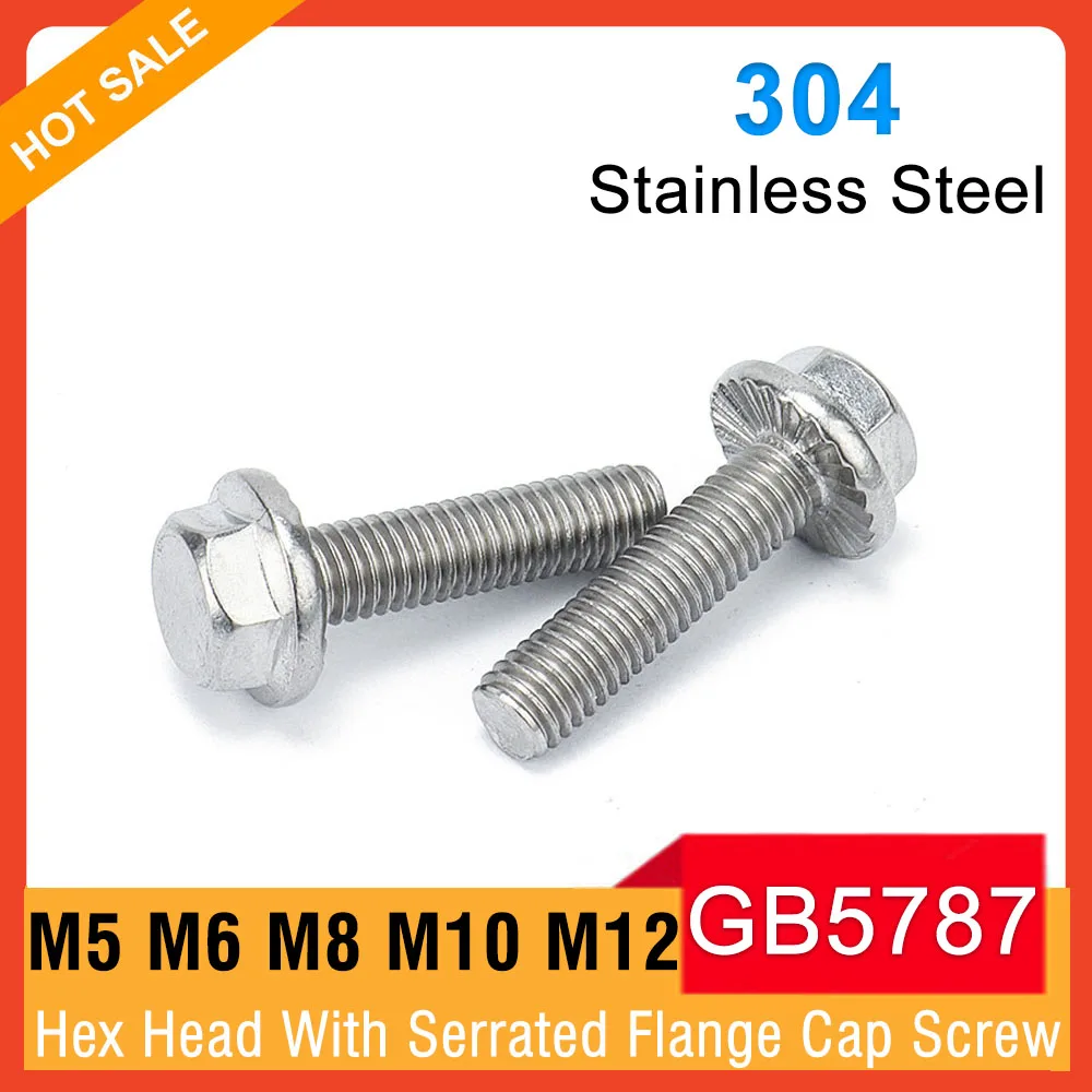 

2-20pcs M5 M6 M8 M10 M12 GB5787 A2-70 304 Stainless Steel Hex Washer Head Bolt Hexagon Head With Serrated Flange Cap Screw