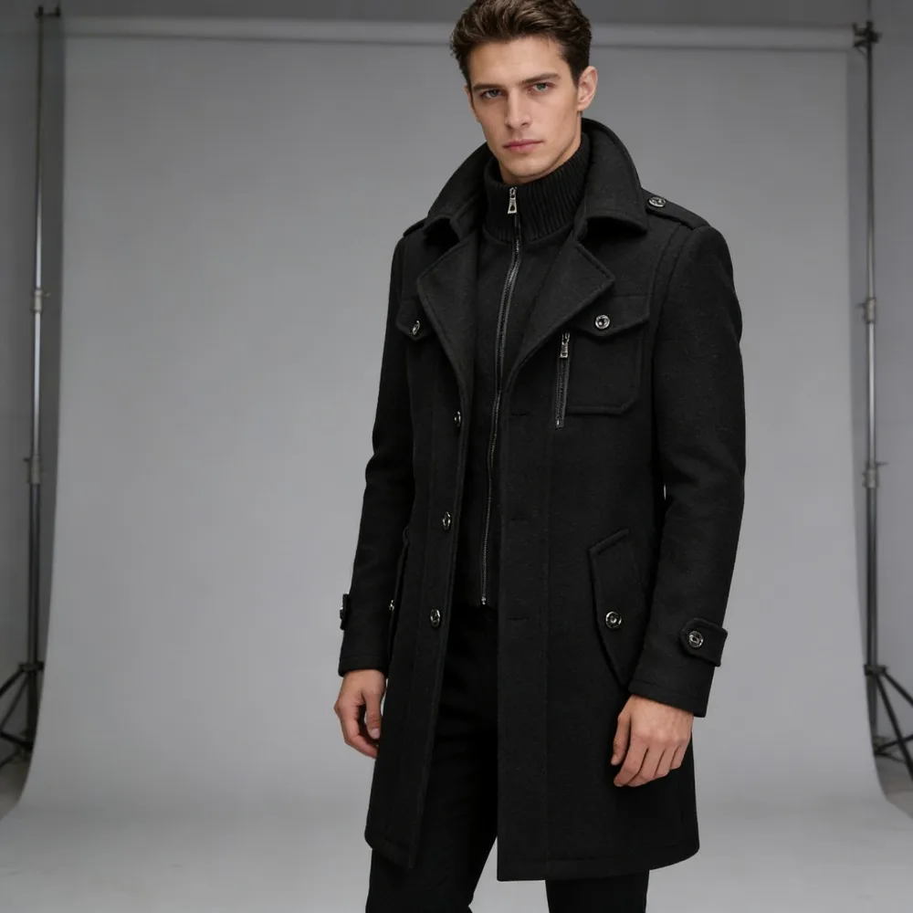 

Новые зимние модные мужские облегающие кардиганы с длинными рукавами, смешанное пальто, куртка, костюм, однотонные мужские длинные шерстяные пальто