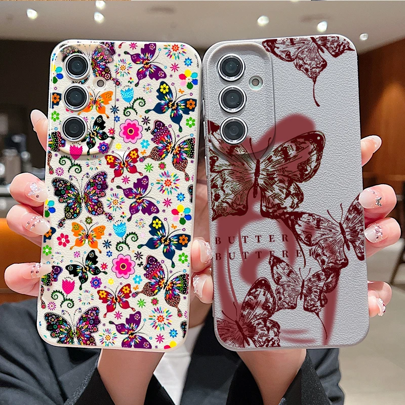 Retro Butterfly Print Phone Case For Samsung Galaxy S25Edge S26 S24 S23 S22 Ultra S26 Plus S25 FE Leather Texture TPU Soft Cover