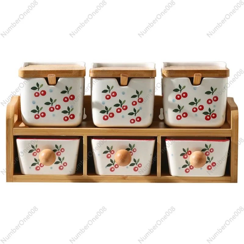 Double - Layered Cherry Seasoning Box Set - Home Kitchen Spice Jar Set for Salt, Monosodium Glutamate Storage