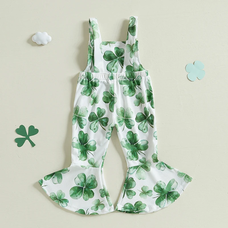 Baby Girl Rompers St. Patrick's Toddler Sleeveless Shamrock Print Jumpsuit Suspender Pants Spring Outfits for 6 Month-4Years