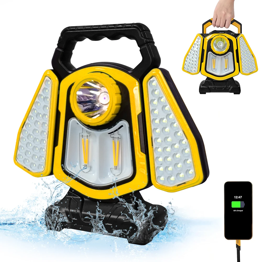 Tragbare Solar-Campinglampe, 5 Beleuchtungsmodi, LED-Arbeitsleuchte, für den Außenbereich, wiederaufladbar über USB, für Arbeitsreparaturen, Notstromausfall