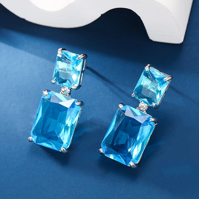 Luxurious Vintage Square Blue Zircon Pendant Earrings for Women Fashion Sophisticated Boho Party Wedding Favor Accessories