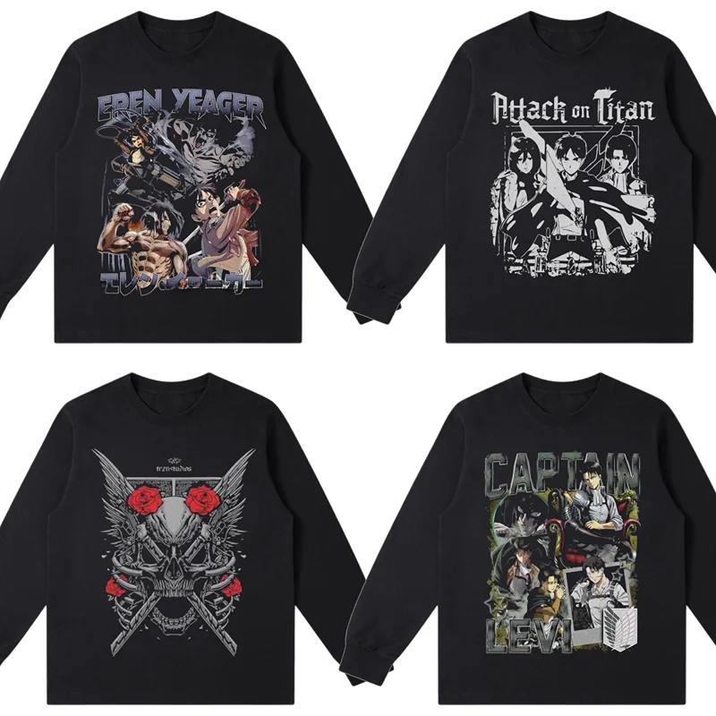 洗浄済みピュアコットン長袖tシャツ-進撃の巨人プリント-レトロスタイル-通気性のあるカジュアルトップ-若者やティーンエイジャー向け