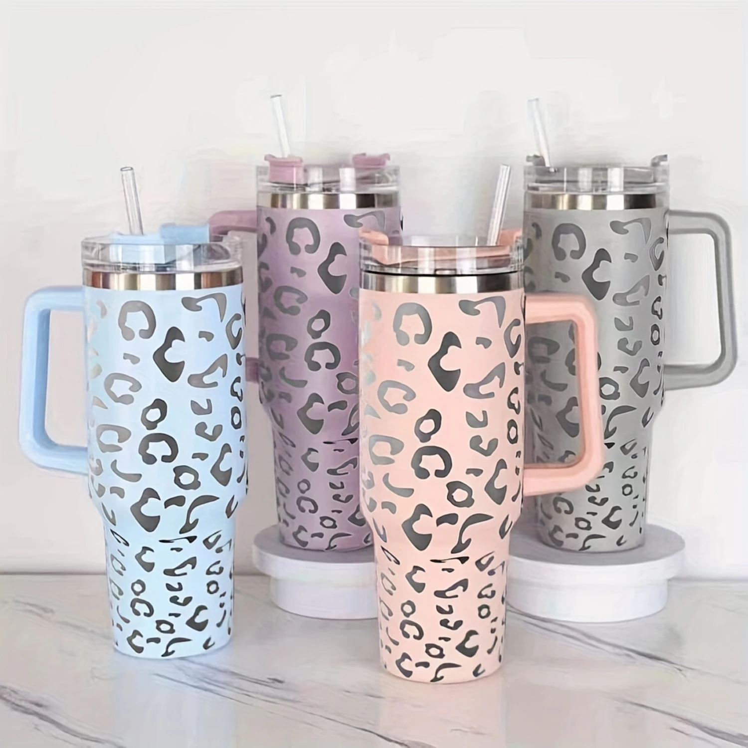 Large Capacity Leopard Print Stainless Steel Tumbler with Handle - Leakproof, Vacuum Insulated Cup for Car, Outdoor Sports, and