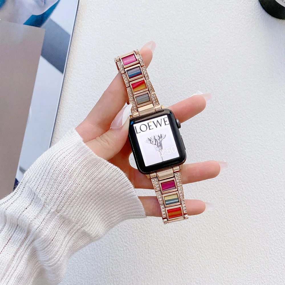 Metal+Resin Strap for Apple Watch Ultra 876543SE Women Stainless Steel Diamond Bracelet for iWatch 49mm 45mm 41mm 44mm 40mm 42mm