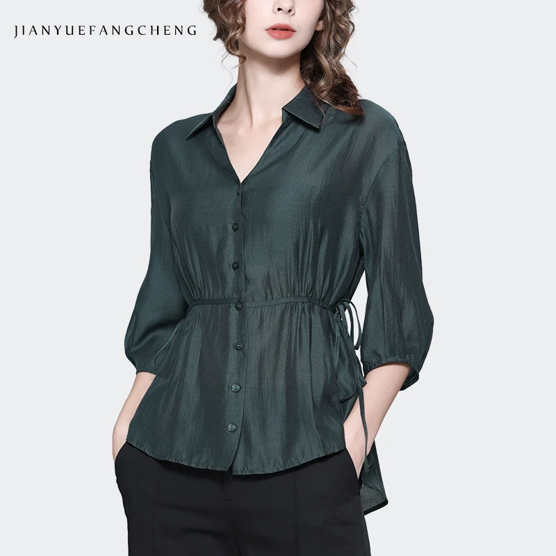 

French Style Women Dark Green Shirt 2023 Autumn Long Sleeve V-neck Soft Tencel Tops With Belt Vintage Casual Blouses