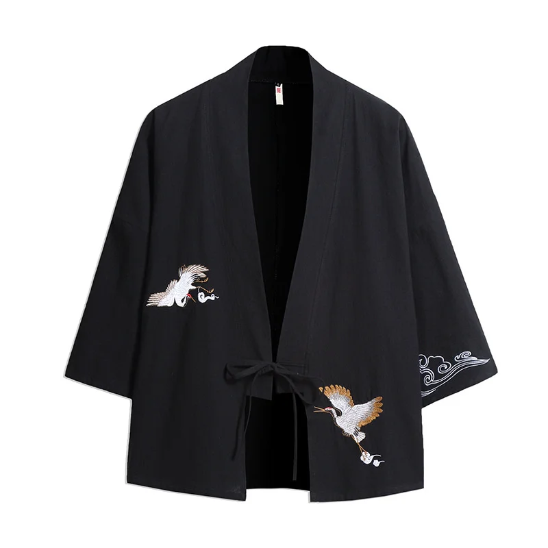 

Summer Mens Open Stitch Hanfu Clothing Loose Cardigan Breathable Cotton Shirt Japanese Samurai Kimono Crane Embroidery