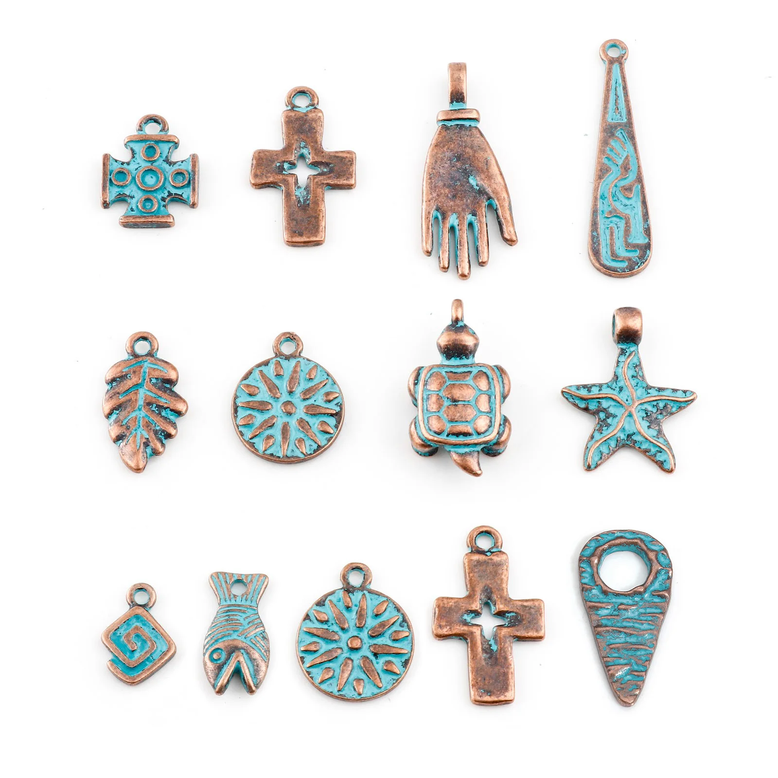 Vintage Patina Charms Antique Copper Geometric Leaf Round Fish Metal Pendant DIY Making Necklace Earrings Bohemian Jewelry,20PCs