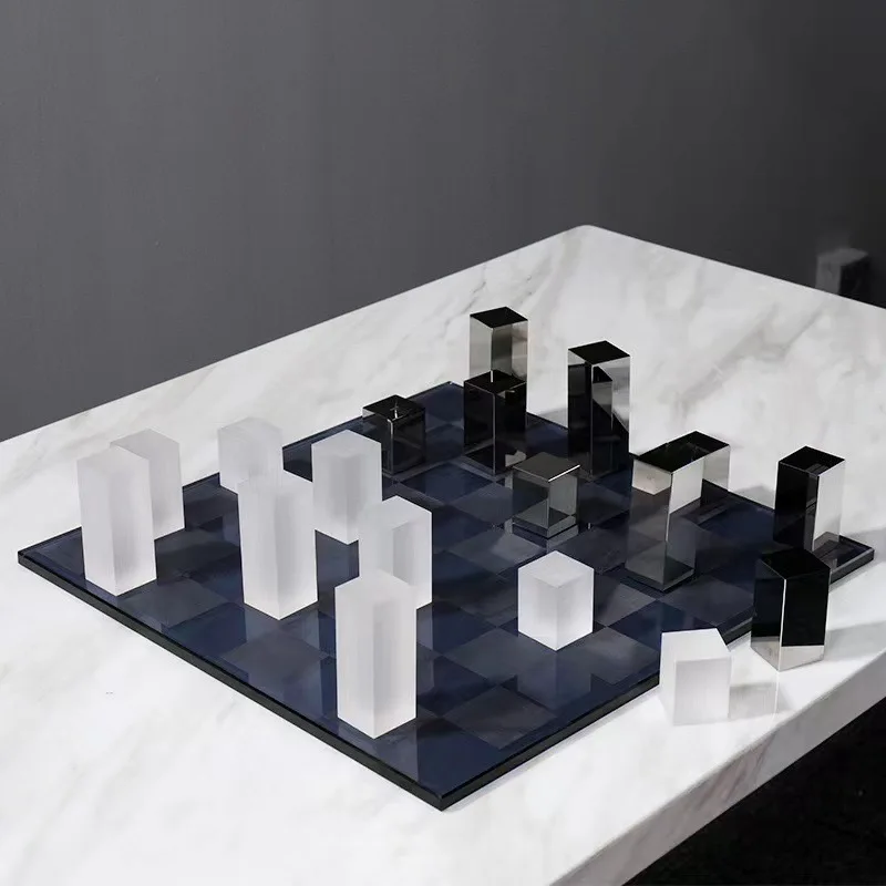 Light luxury crystal chessboard | black and white squares + dark blue plaid, desktop art improves the spatial style in seconds