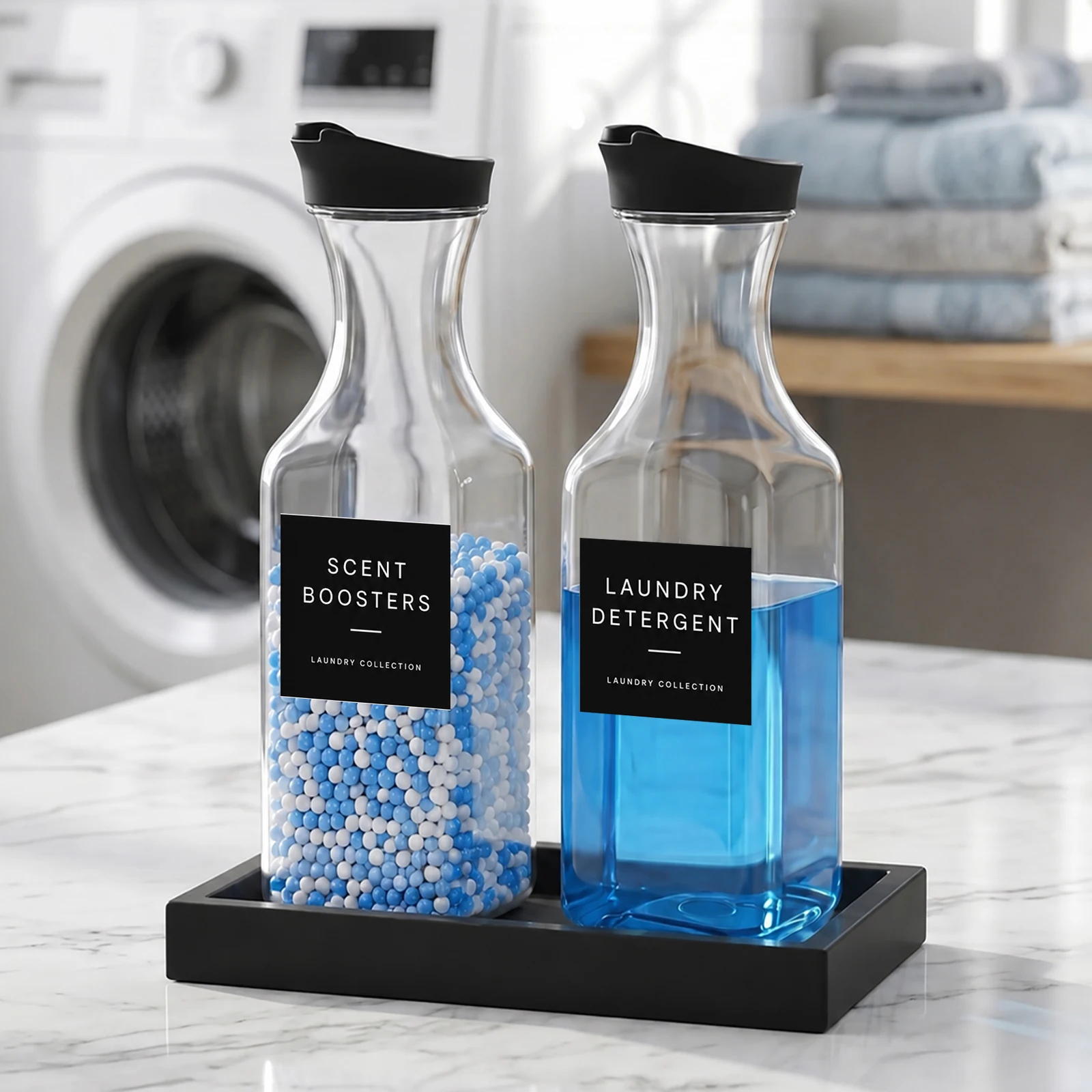lack Laundry Detergent Dispenser Set with Silicone Tray Refillable Laundry Soap Dispenser for Detergent Scent Beads Softener