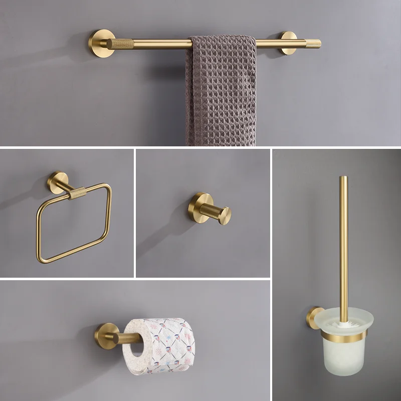 Brushed Gold Knurled Brass Bathroom Hardware Accessories Set Kit Toilet Brush Towel Bar Ring Robe Hook Paper Holder Towel Ring