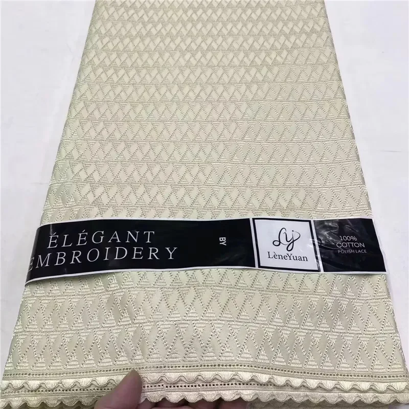 5 Y Beige Nigerian 100% Cotton Polish Satin Embroidery Fabric High Quality Swiss Voile Lace Material For Men Dubai Style 14L1091