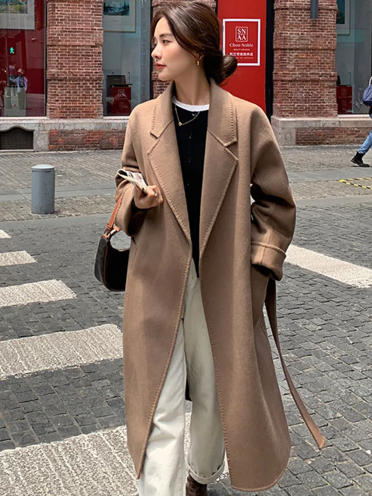 معاطف صوف من WHTREND للنساء على الطراز الكوري بجيب كبير وحزام صوف متوسط الطول معطف شتوي دافئ ملابس فاخرة WH1626 #3