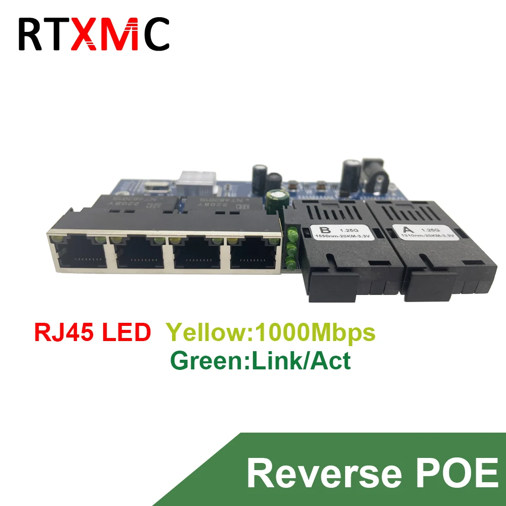 Reverse POE 24-48V 2SC4GE10/100/1000M Gigabit Ethernet Switch Fiber Optical Media Converter SingleMode 4RJ45 UTP and 2SC Fiber