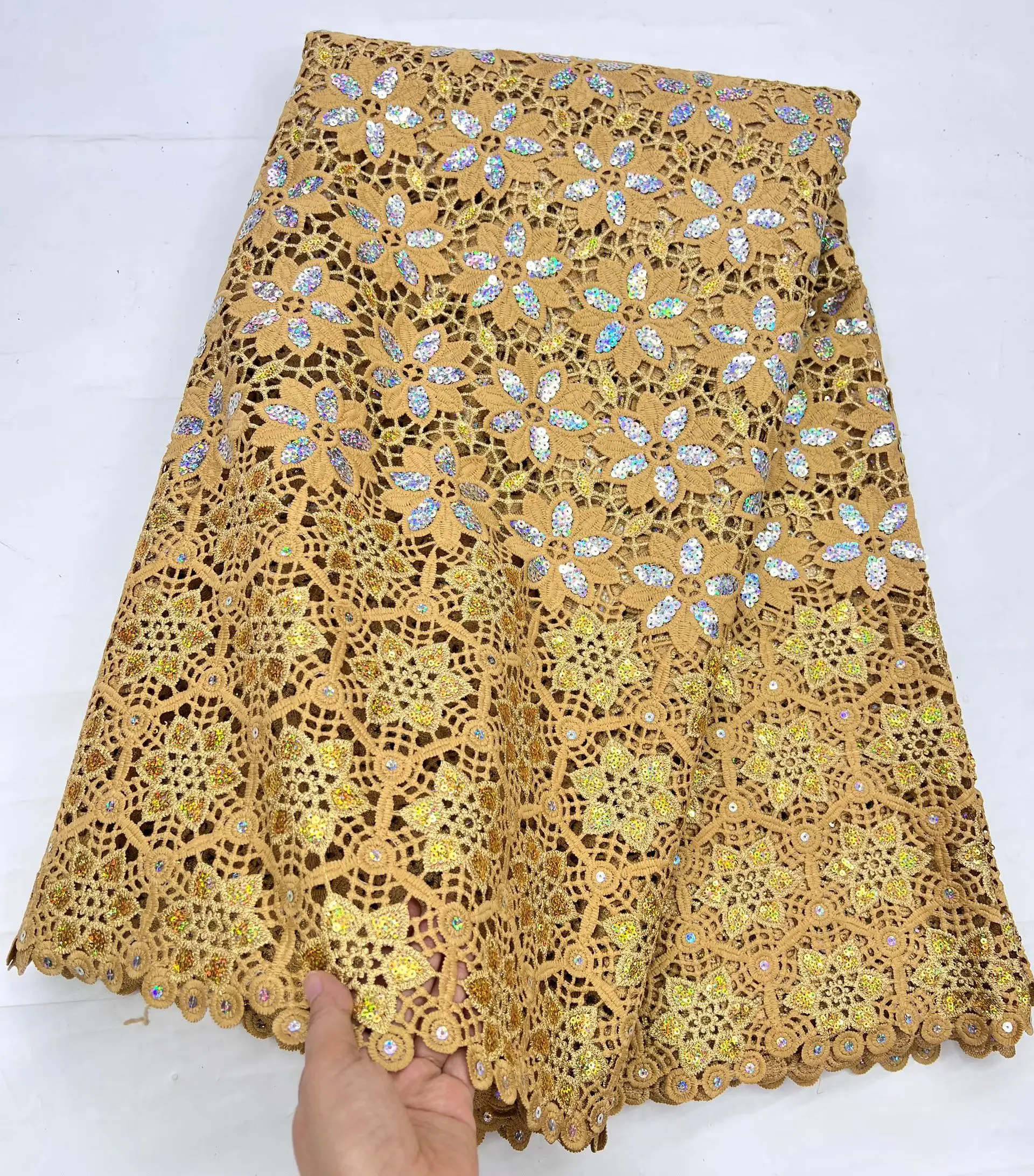 

New Style Gold African Water Soluble Lace Fabric With Sequins 2026 High Quality Sequins Nigeria Guipure Cord Lace Fabric HD26124
