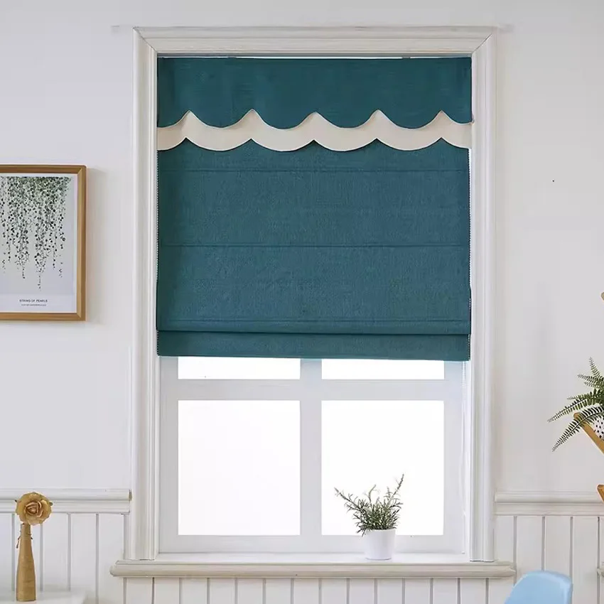 

Modern Solid Blue Color Fabric Customized Flat Roman Blinds With Heading Window Shades For Living Room