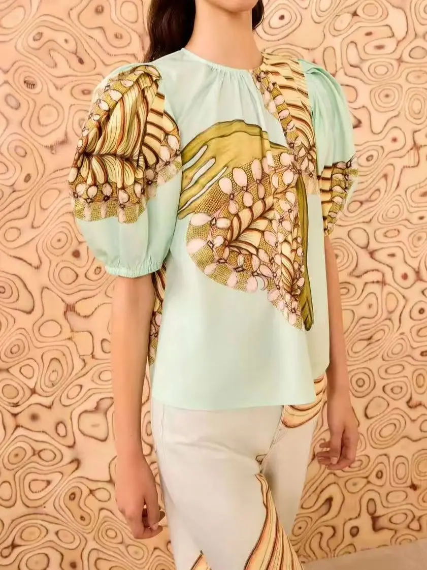 

2026 Summer Women's Floral Printed Shirt 100% Cotton Round Neck Puff Sleeve Fashion Casual Blouse Top